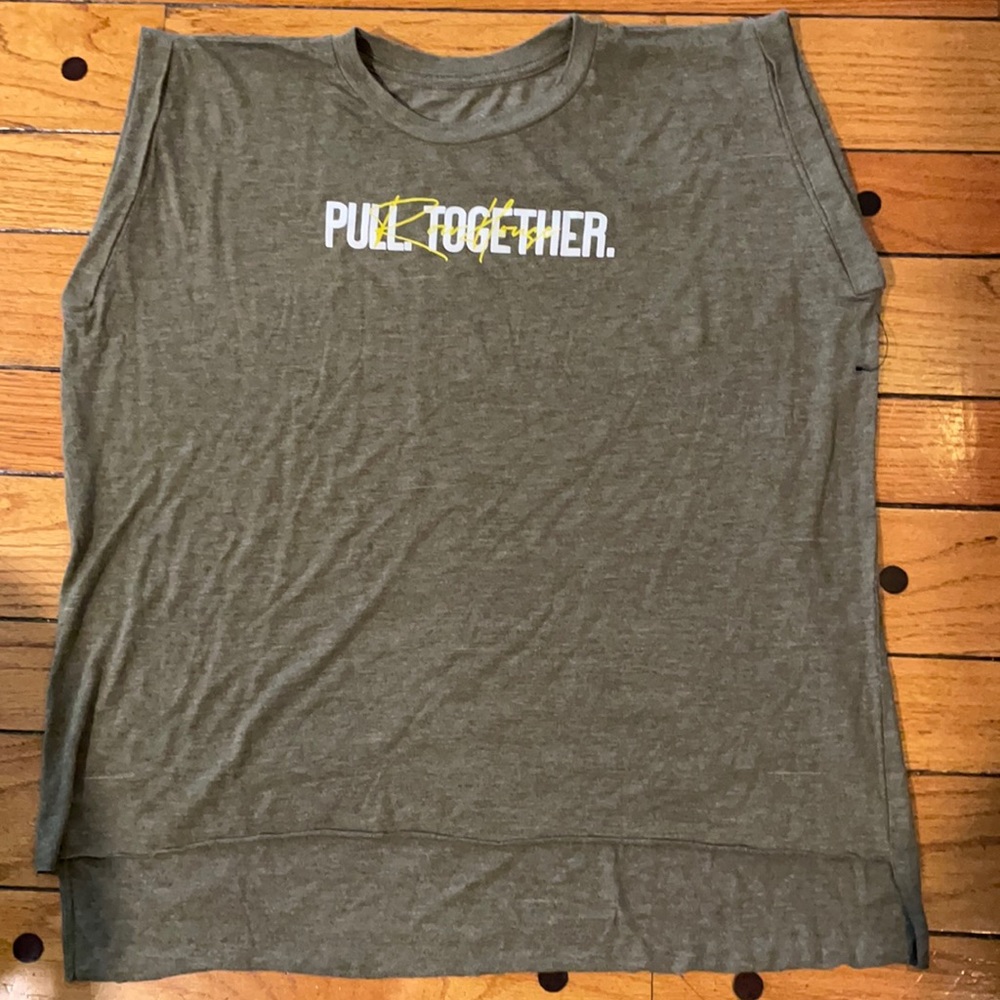 New Row House olive Green cuffed cap sleeve shirt